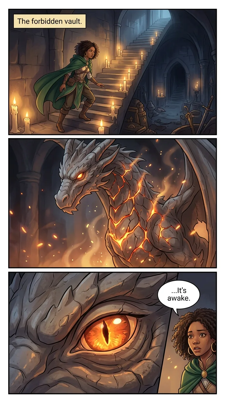 The Ember Crown — page 1: Imani sneaks down candlelit stairs into the forbidden vault beneath the mage tower.
