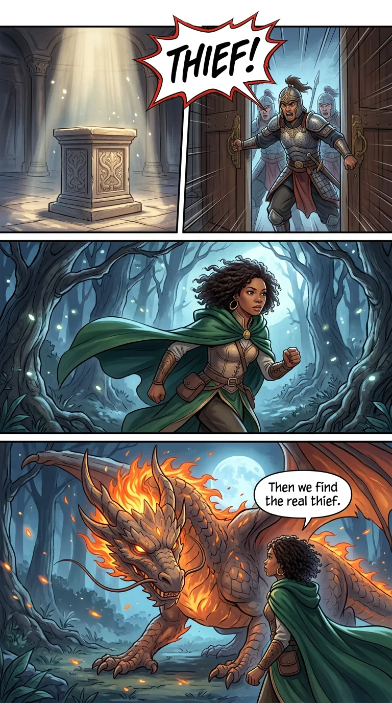 The Ember Crown — page 2: The Ember Crown's pedestal is empty; guards burst in.