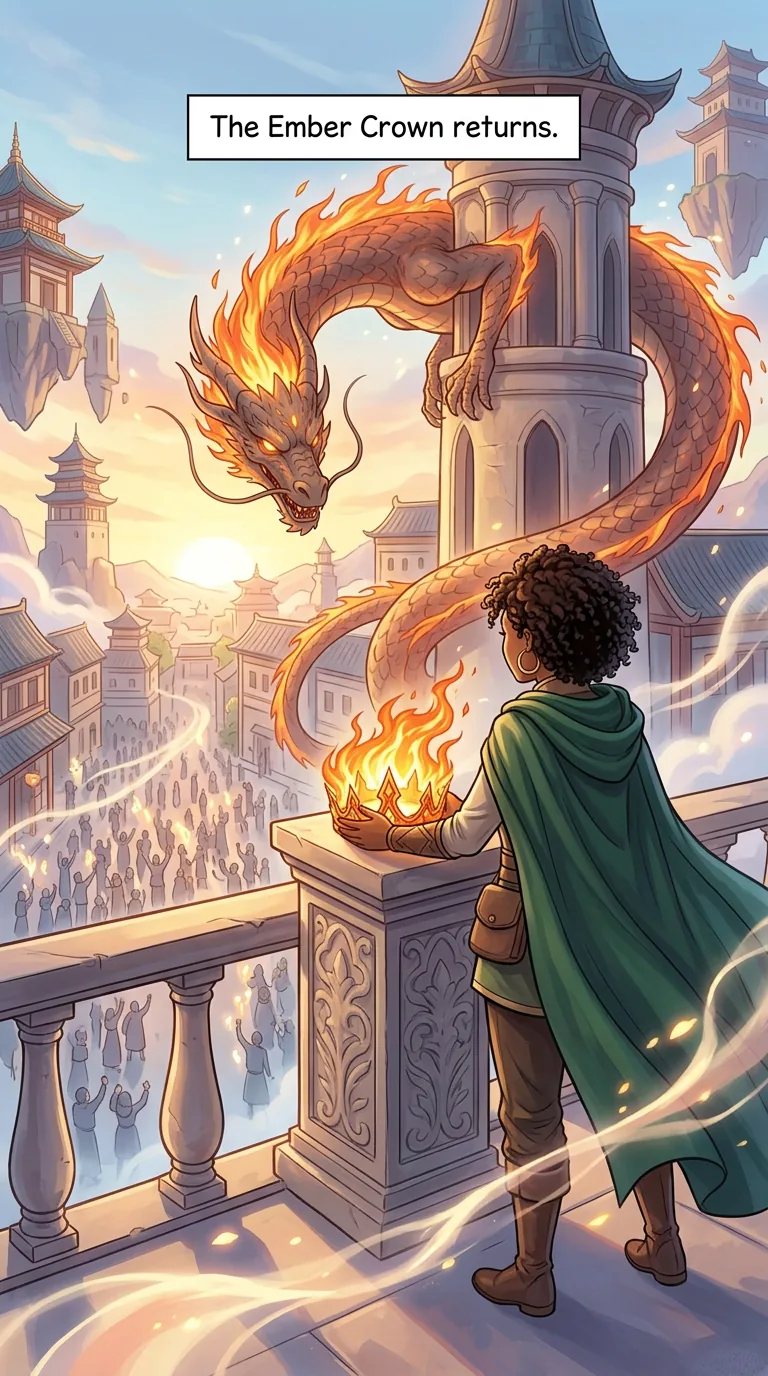 The Ember Crown — page 4: On the palace balcony at dawn, Imani places the Ember Crown back on its stone pedestal while the dragon curls around the…