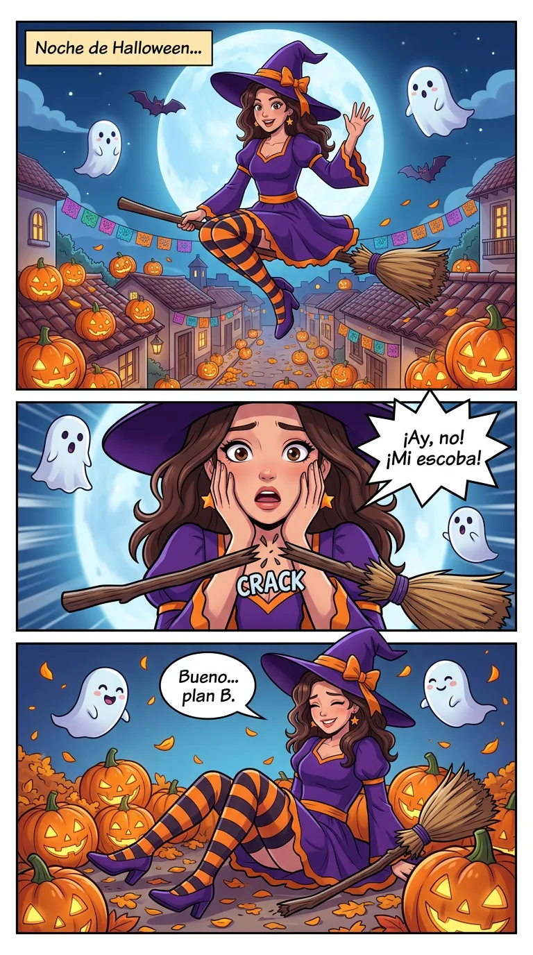La bruja sin escoba — page 1: Halloween night: Daniela flies on her broom over a little town full of jack-o'-lanterns and papel picado, smiling, the…