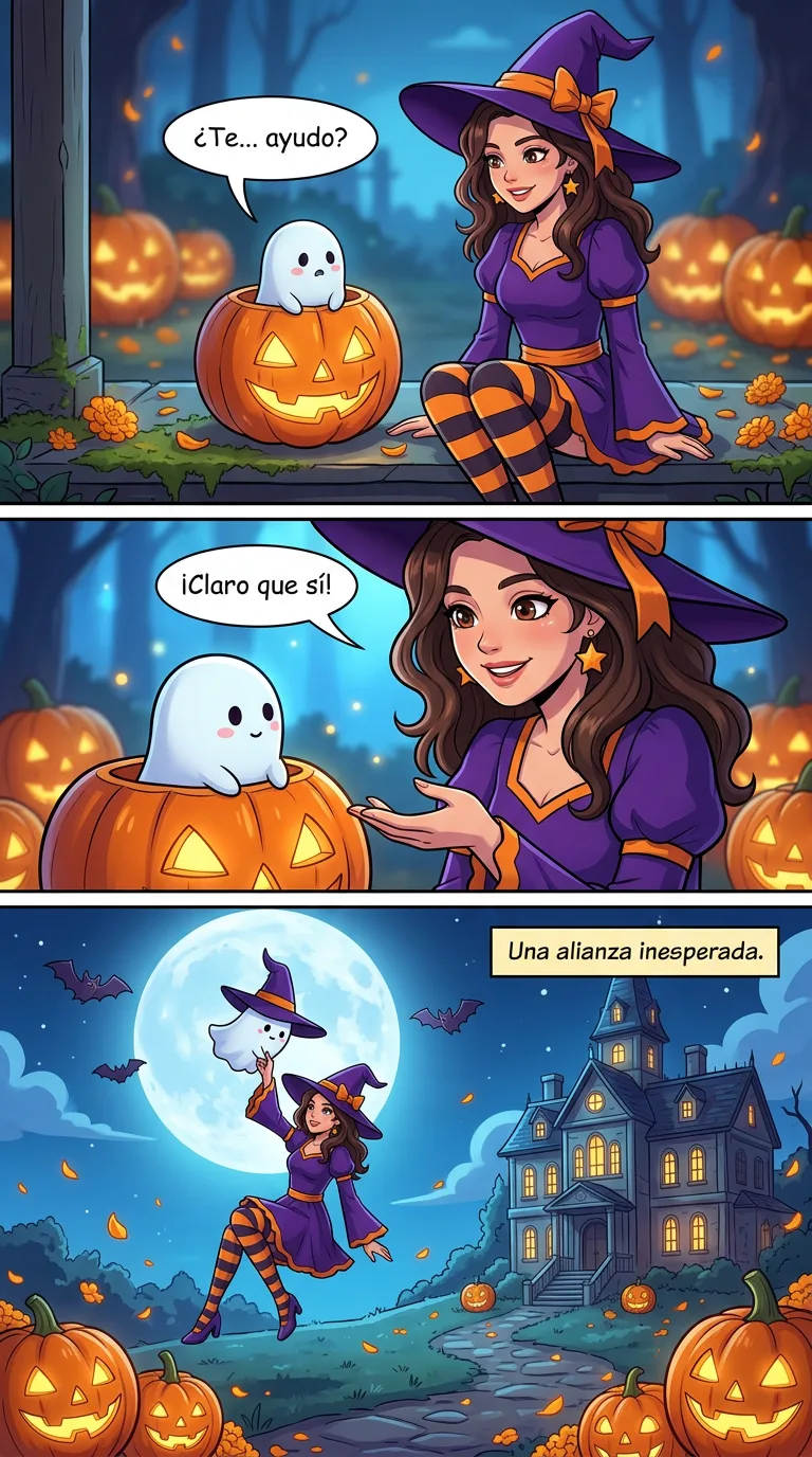 La bruja sin escoba — page 2: A tiny, round, shy ghost peeks out of a carved pumpkin next to Daniela.