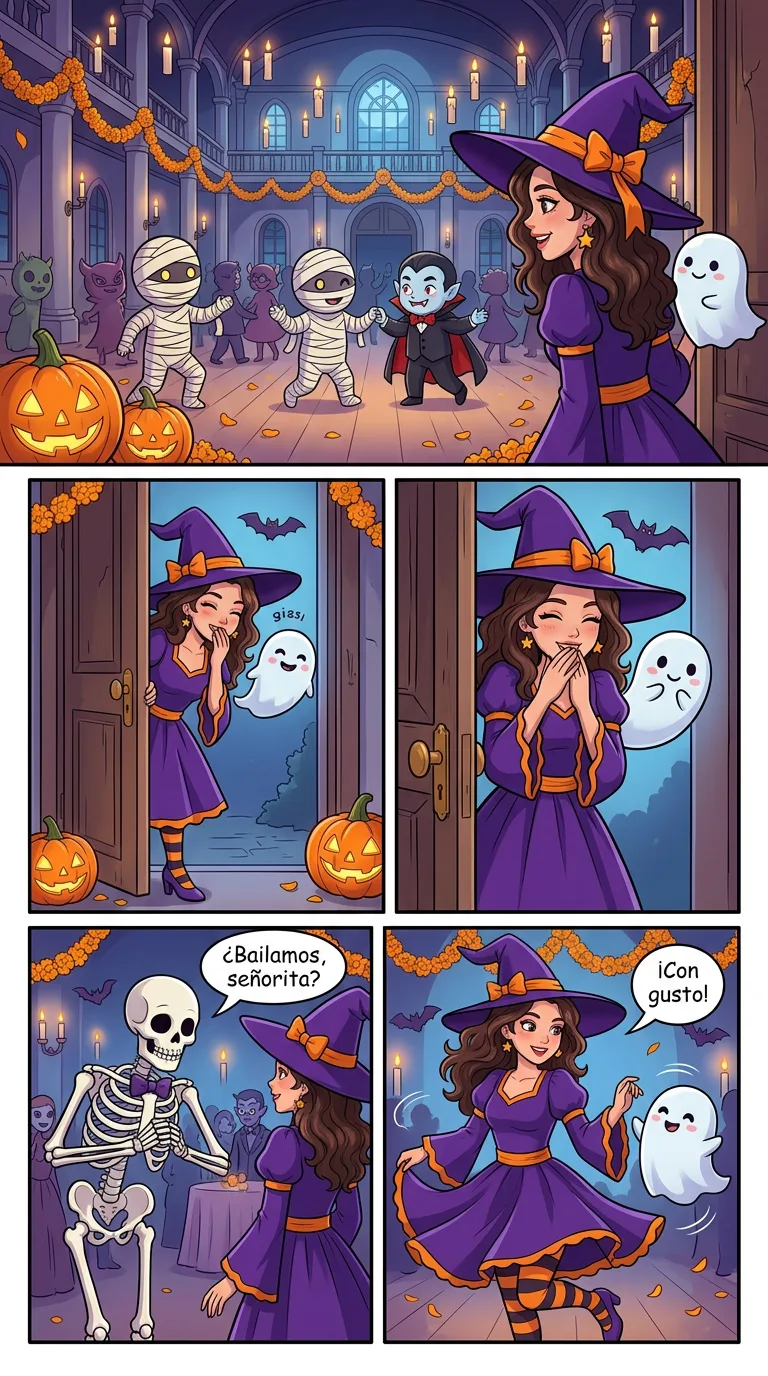La bruja sin escoba — page 3: A grand ballroom with floating candles and marigold garlands; friendly masked monsters dance.