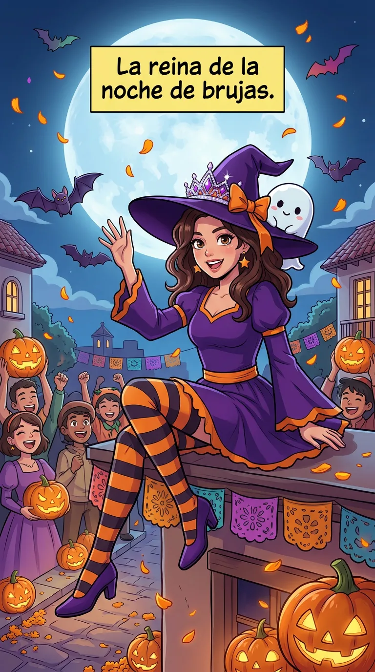 La bruja sin escoba — page 4: Daniela is crowned queen of the ball: a sparkly crown on her witch hat, the little ghost on her shoulder, a confetti…