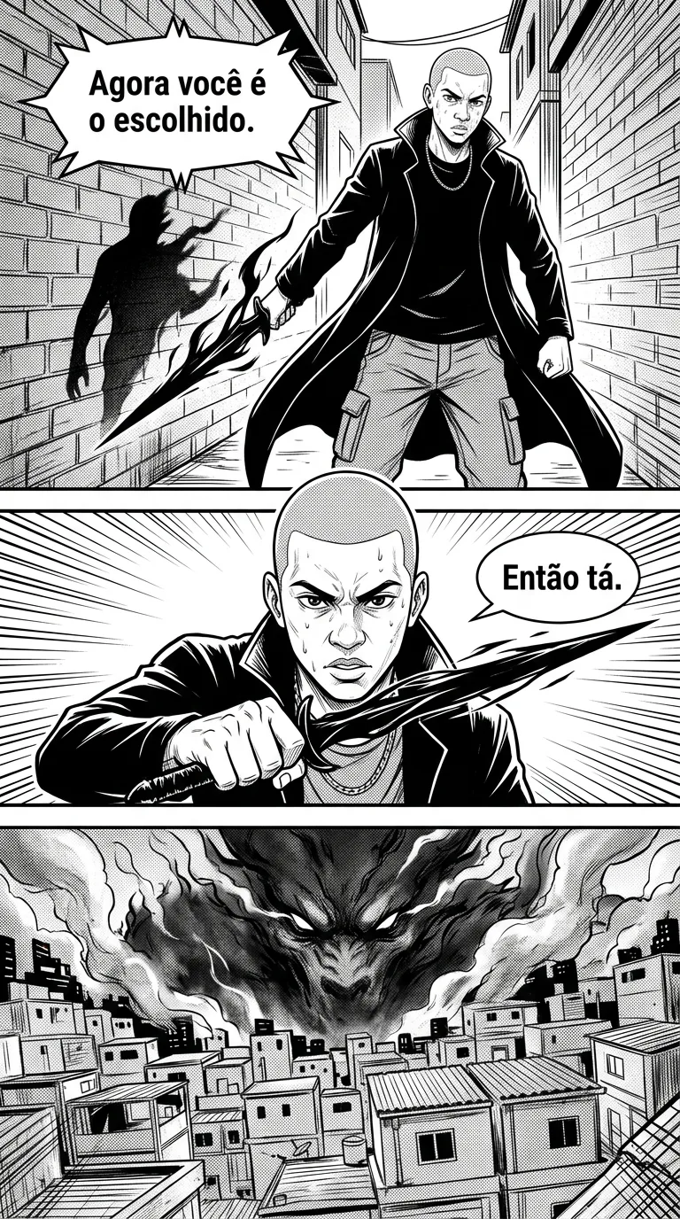 Lâmina de Sombra — page 2: The shadow peels off the wall and forms a long blade in Rafa's hand.