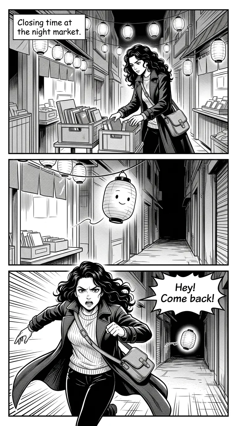 The Lantern Fox — page 1: A narrow night-market street strung with paper lanterns; Defne packs up her small second-hand book stall.