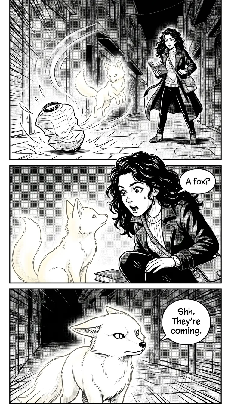 The Lantern Fox — page 2: In a quiet alley the paper lantern unfolds into a small fox made of soft light.