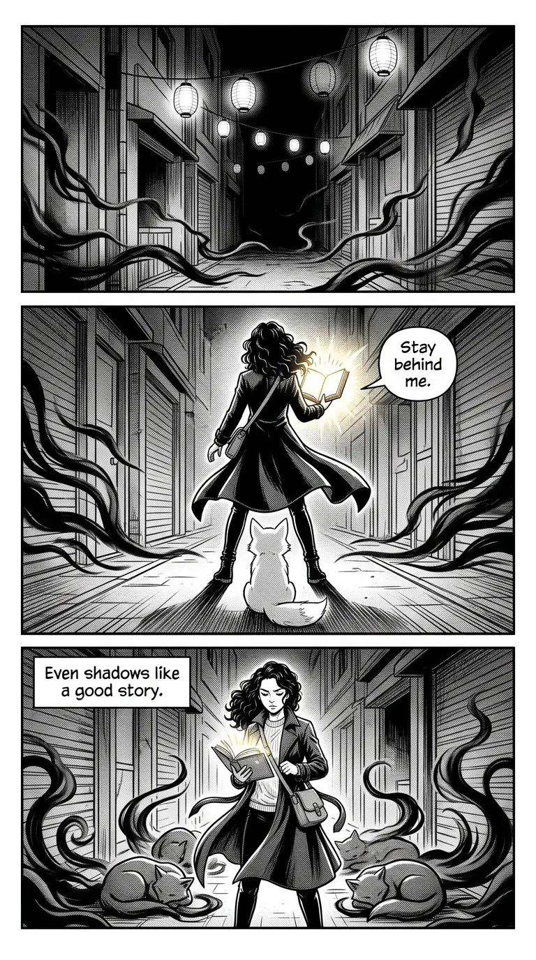 The Lantern Fox — page 3: Wisps of shadow drift out of the alley's corners, more lost than scary, swallowing the lantern light one by one.