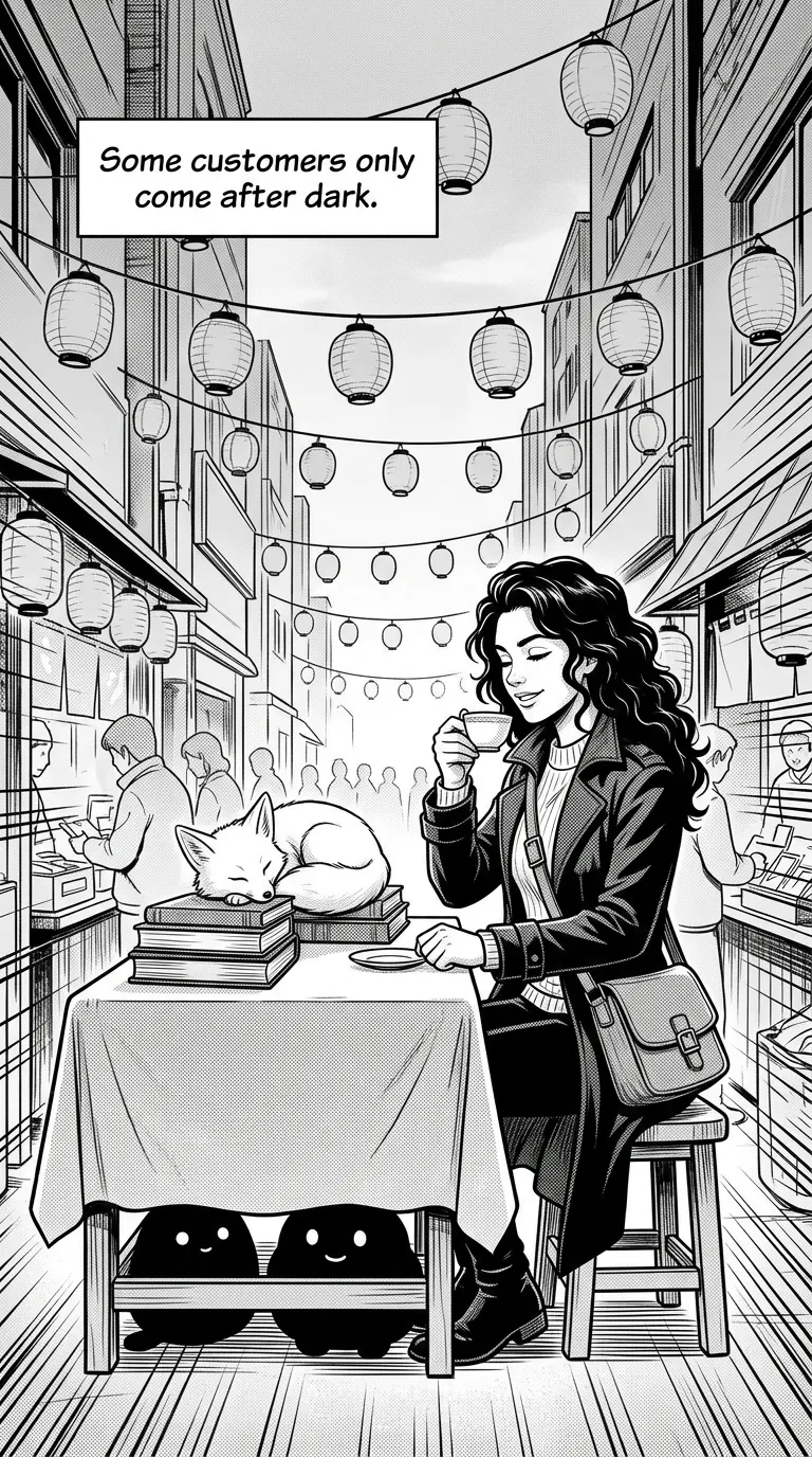 The Lantern Fox — page 4: Pale dawn over the night market, the lanterns switched off.