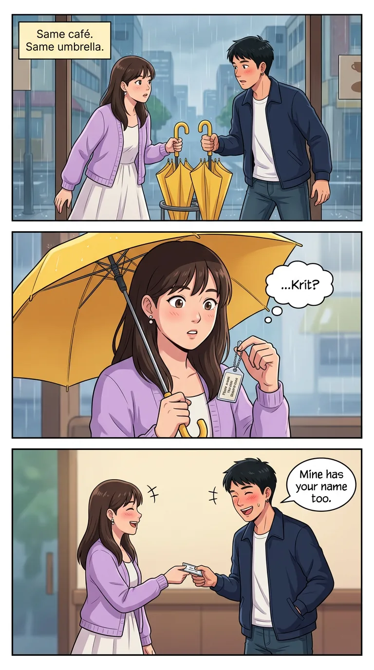 Sample love story comic “The Umbrella Swap”: a couple with two yellow umbrellas outside a café in the rain — Page 2 of 5