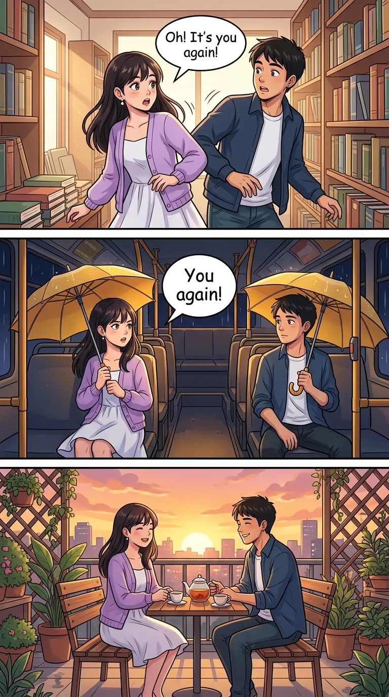 Sample love story comic “The Umbrella Swap”: a couple with two yellow umbrellas outside a café in the rain — Page 3 of 5