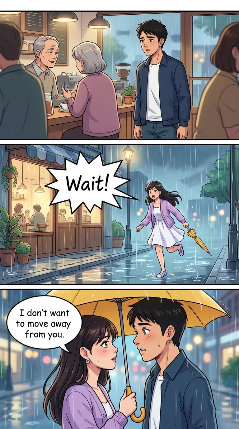 Sample love story comic “The Umbrella Swap”: a couple with two yellow umbrellas outside a café in the rain — Page 4 of 5