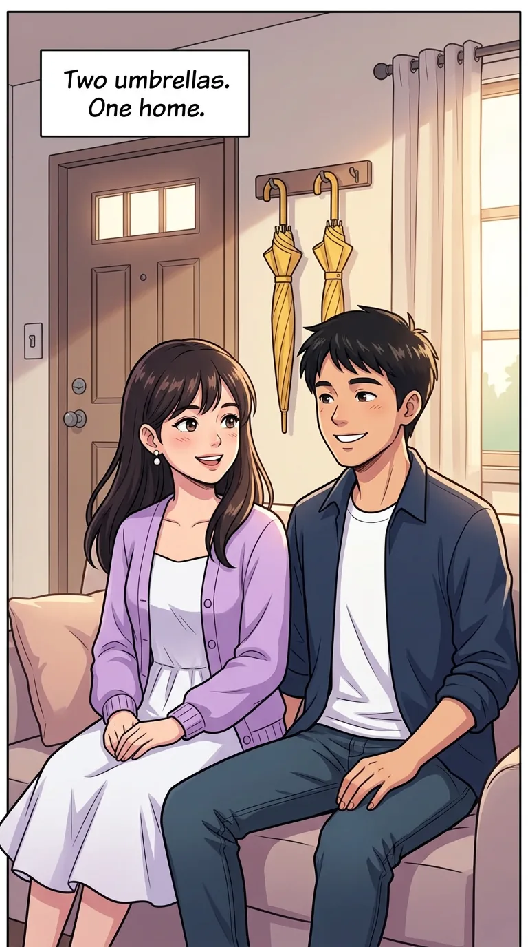 Sample love story comic “The Umbrella Swap”: a couple with two yellow umbrellas outside a café in the rain — Page 5 of 5