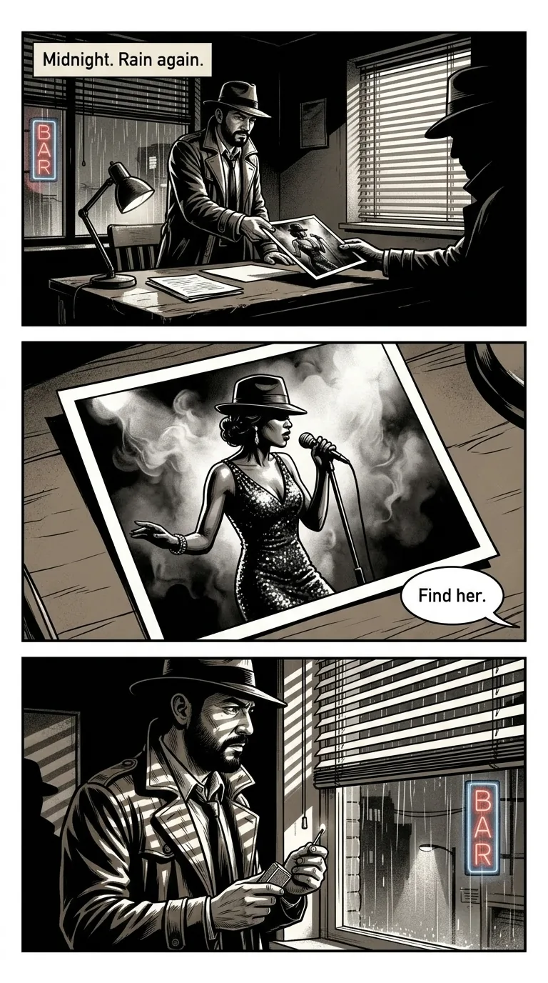The Midnight Case — page 1: A rainy night office; a mysterious client slides a photo of a singer across Diego's desk.