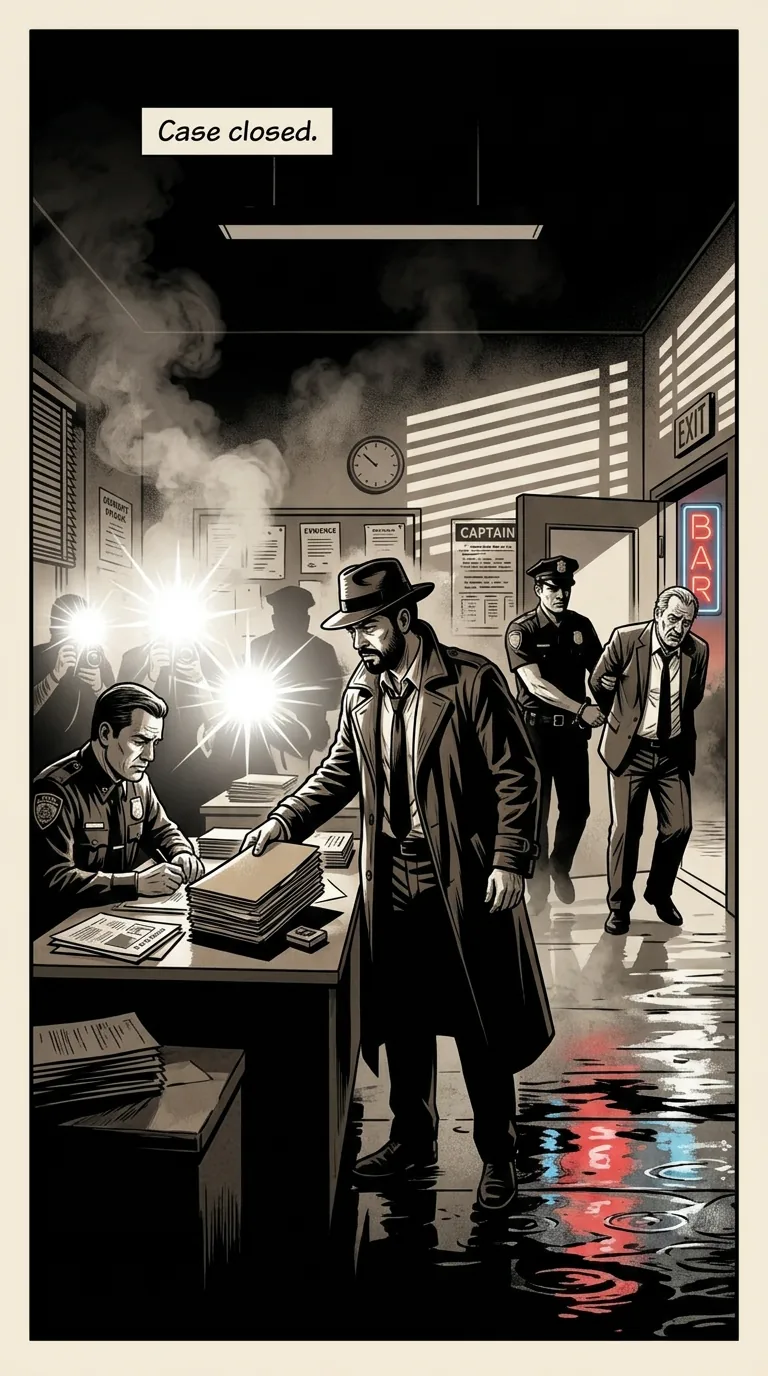 The Midnight Case — page 4: In a smoky police precinct office, Diego drops a file of evidence on the sergeant's desk while flashbulbs go off and the…