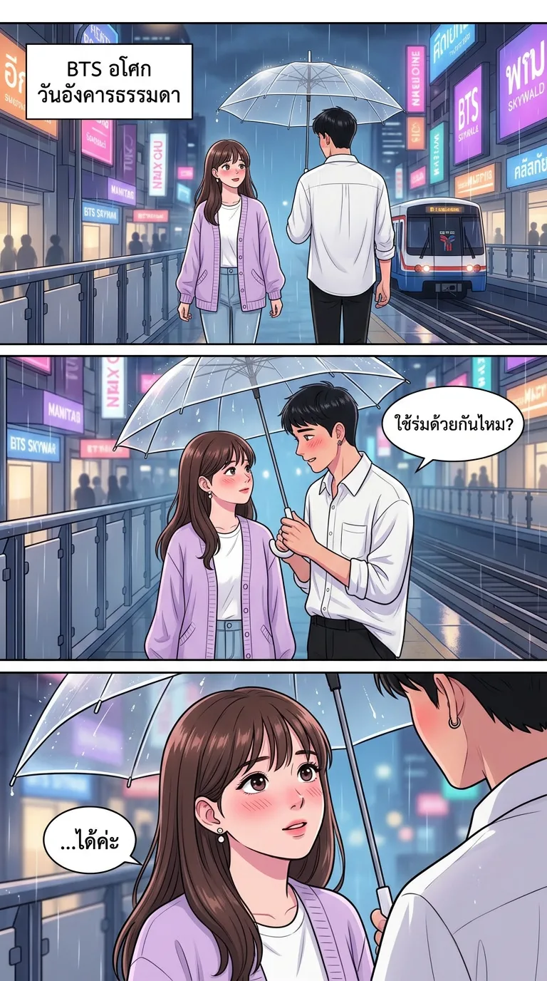 ฝนตกที่สกายวอล์ค — page 1: Night rain on a Bangkok BTS skywalk; Ploy has no umbrella, Krit walks up holding a clear umbrella, a skytrain passes…