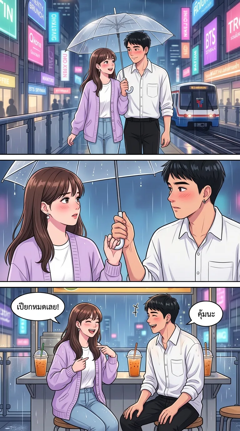 ฝนตกที่สกายวอล์ค — page 2: They walk under one umbrella along the skywalk, shoulders touching, neon lights blurred by rain.