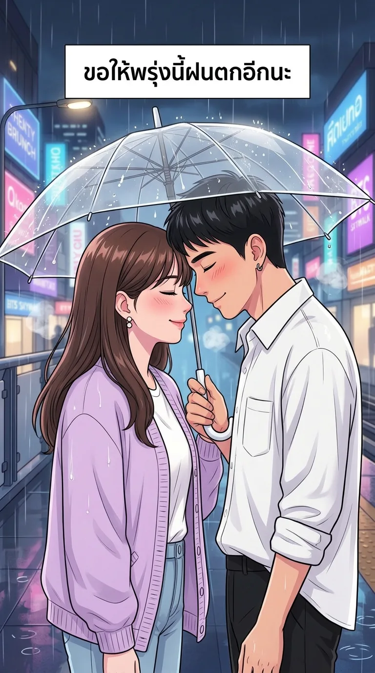 ฝนตกที่สกายวอล์ค — page 4: Close-up of Ploy and Krit's faces under the clear umbrella, foreheads touching, eyes closed, gentle smiles, raindrops and…