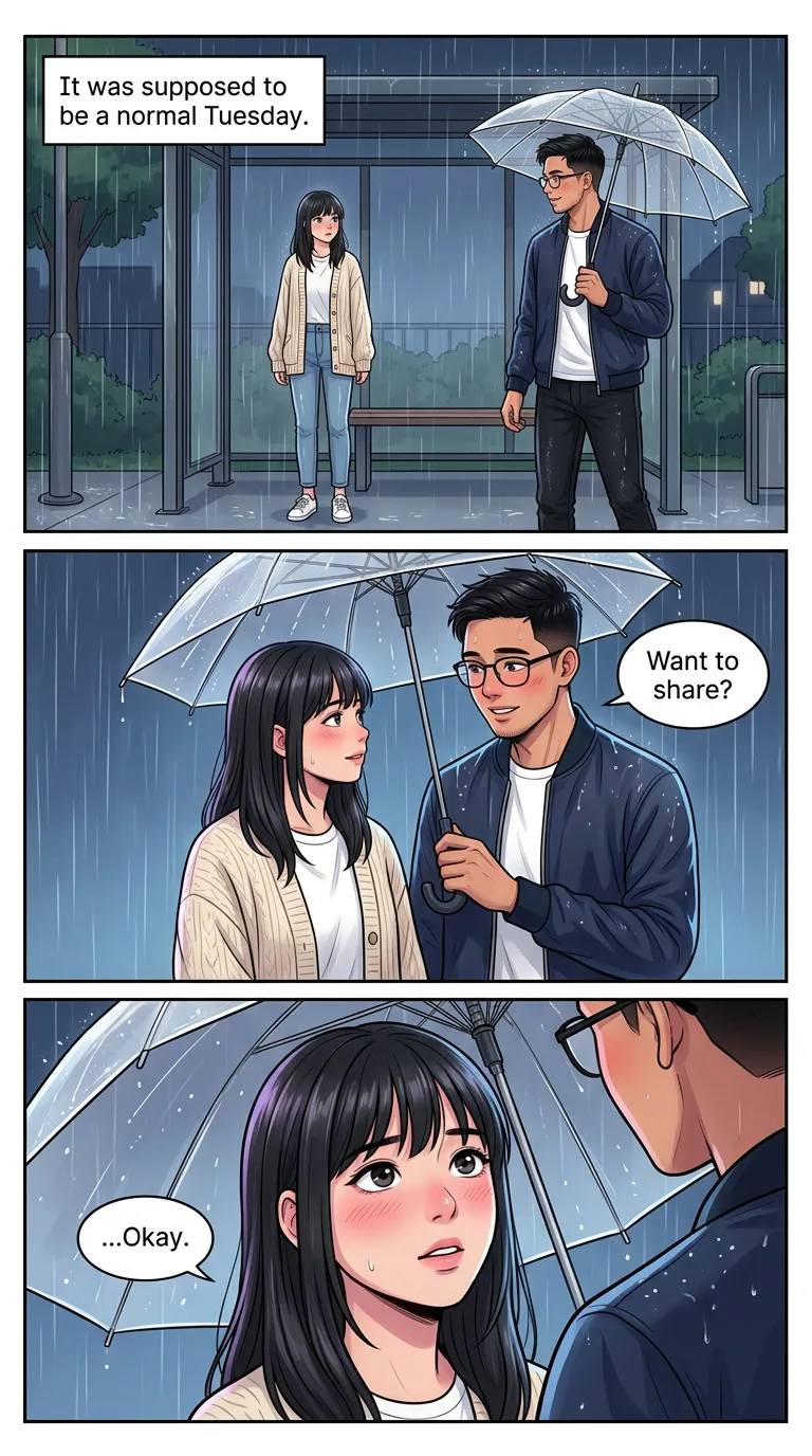 Let It Rain — page 1: A rainy bus stop at night; Bea without an umbrella looks at the downpour, Migs arrives with a clear umbrella.