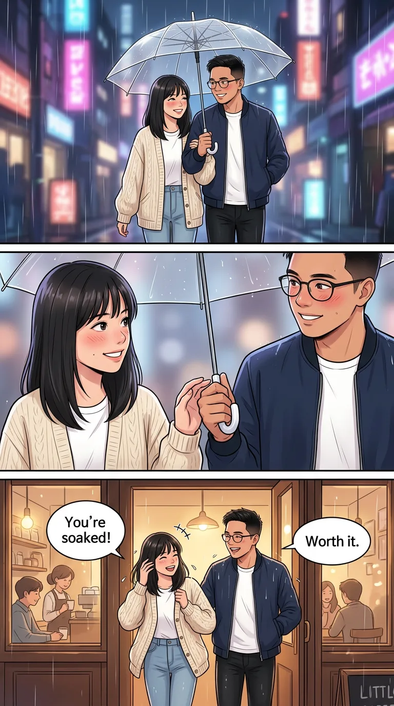 Let It Rain — page 2: They walk under the umbrella, shoulders touching, city lights blurred by rain.