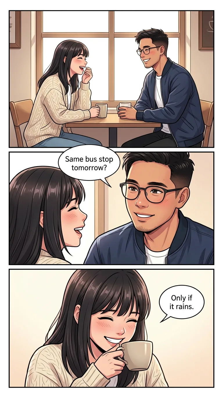 Let It Rain — page 3: At a window table with two coffees, Bea laughs at something Migs said.