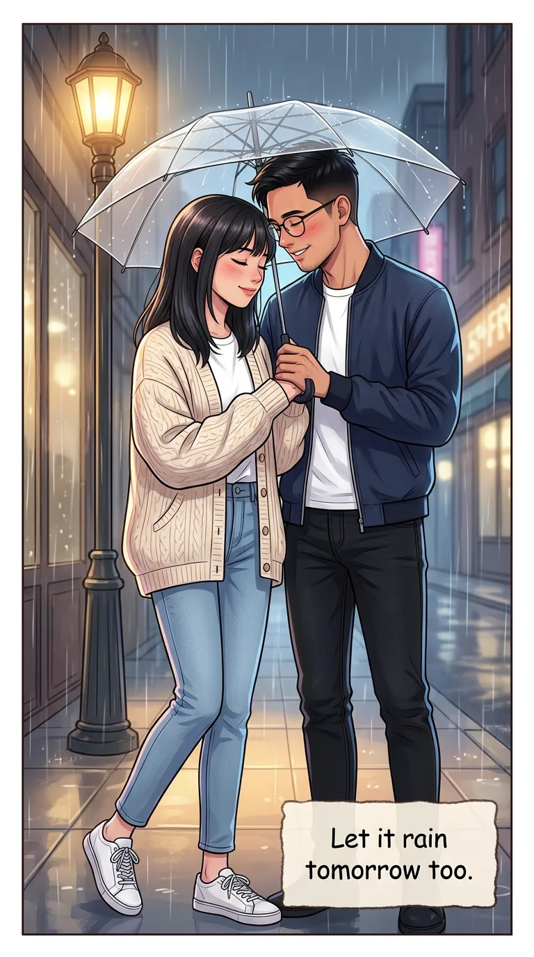 Let It Rain — page 4: Under the umbrella in the rain, Bea and Migs touch foreheads, eyes closed, smiling; warm streetlight glow.