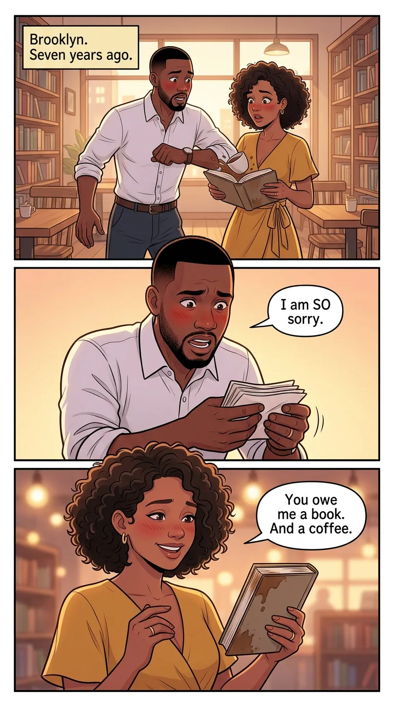 How We Met — page 1: A cosy bookstore café: Marcus bumps into Imani and spills his coffee on her book.