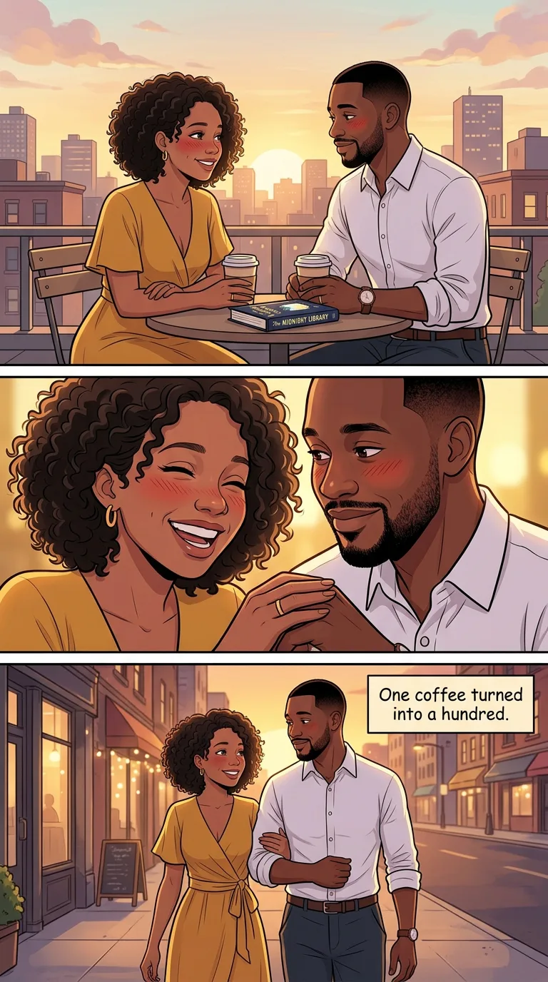 How We Met — page 2: Their first date on a rooftop at sunset, two coffees and a new copy of the book.