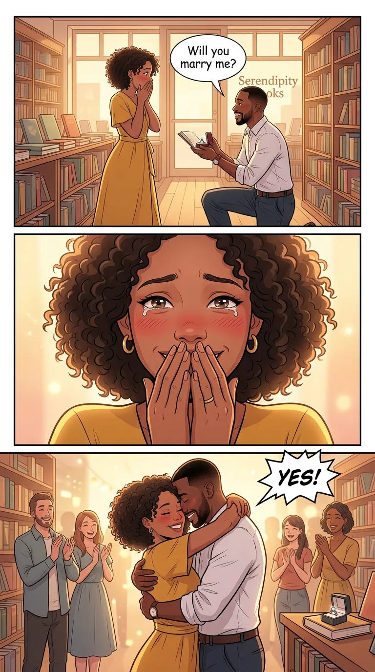 How We Met — page 3: Same bookstore, years later: Marcus on one knee holding a ring inside the book.