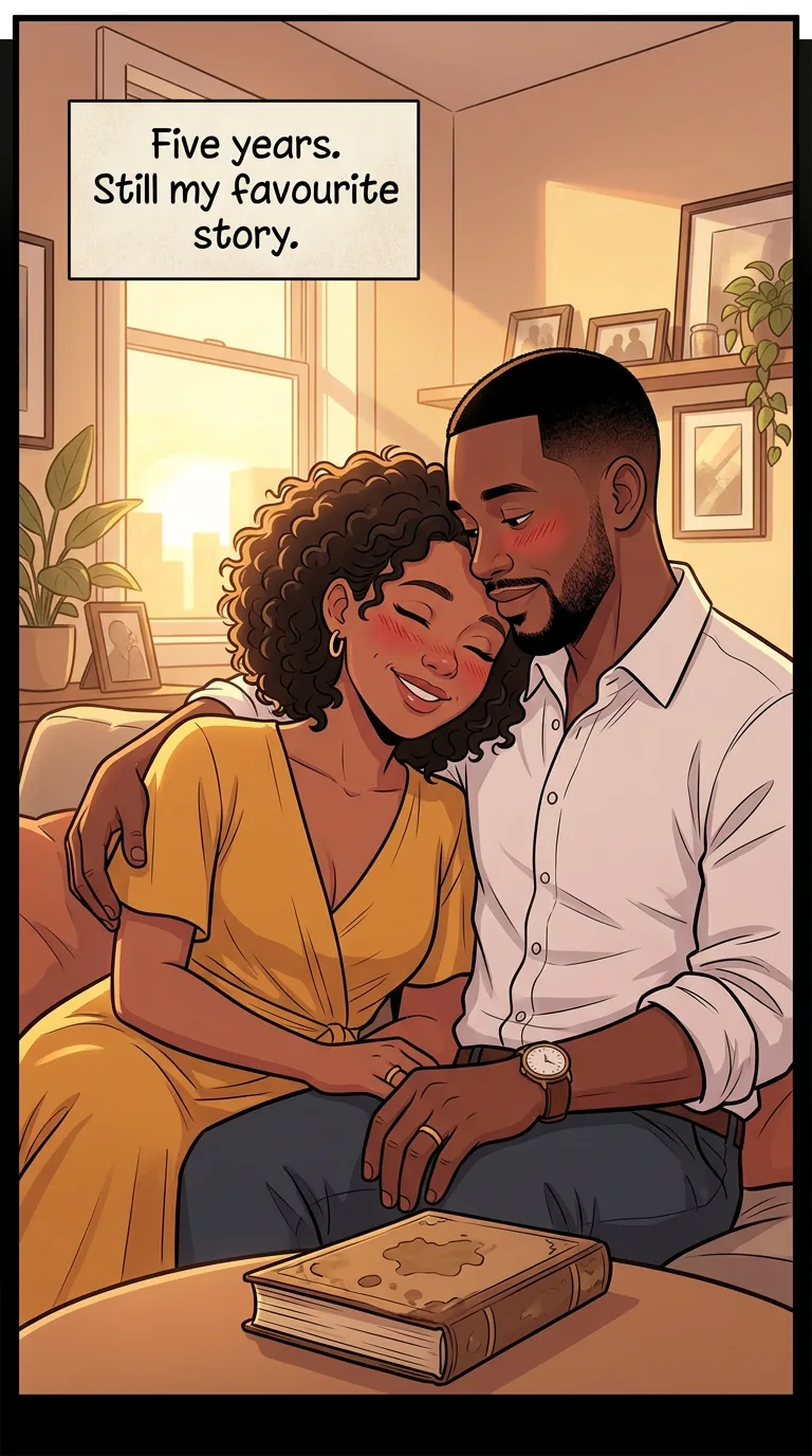 How We Met — page 4: Five years later: Imani and Marcus on their sofa at home, her head on his shoulder, the stained old book on the coffee table.