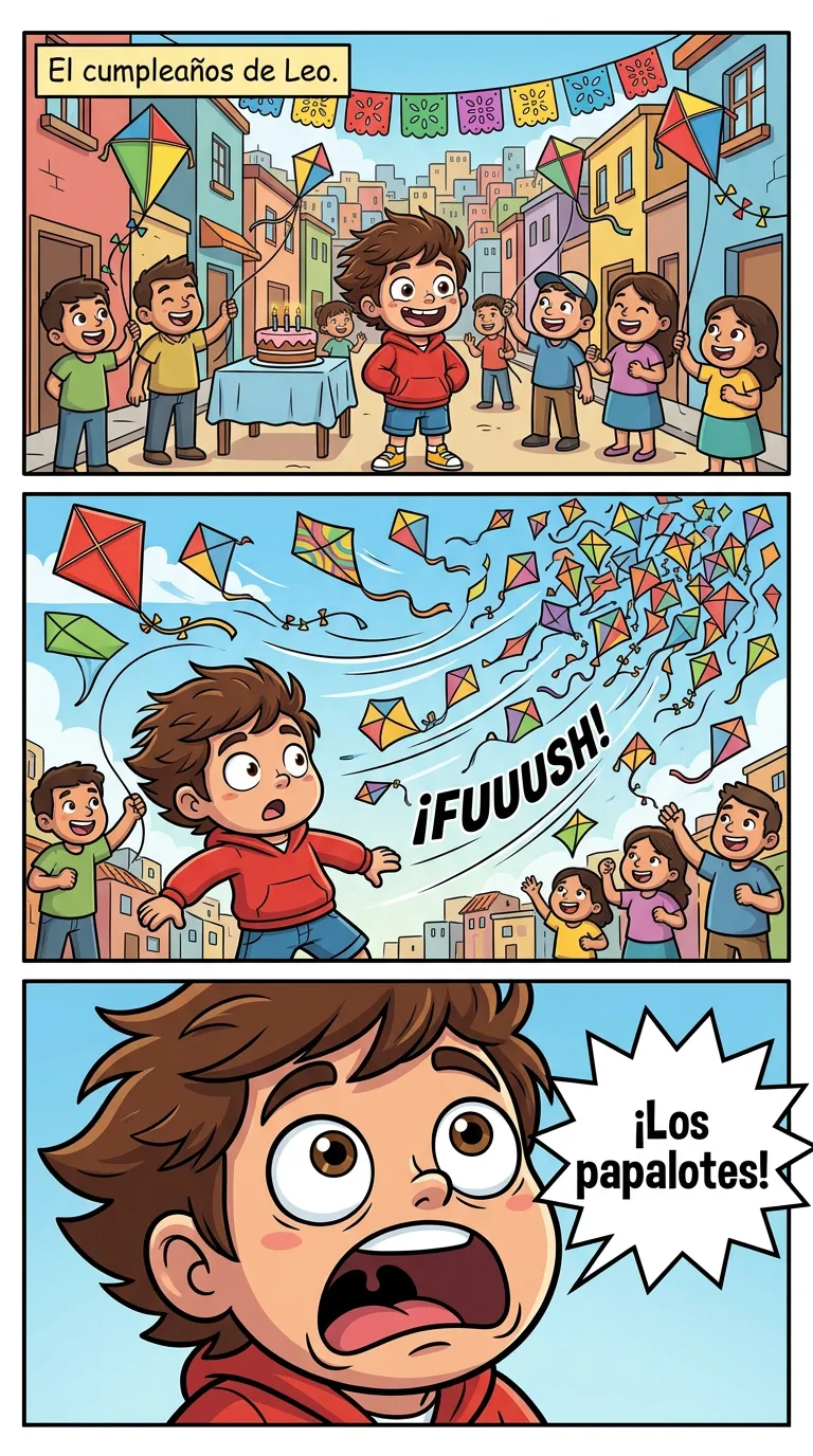 El viento perdido — page 1: Leo's birthday in a colourful street: neighbours fly bright kites, a cake on a table.