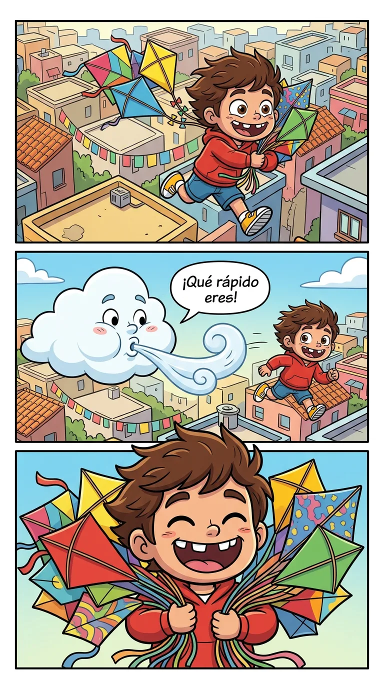 El viento perdido — page 3: Leo chases the wind over the rooftops, grabbing kites one by one.