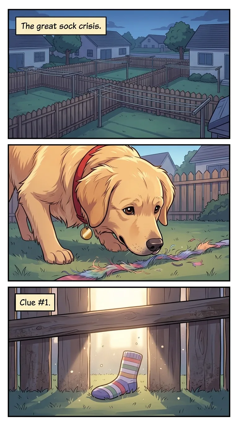 The Sock Bandit — page 1: Empty laundry lines across the neighbourhood: every sock is gone.