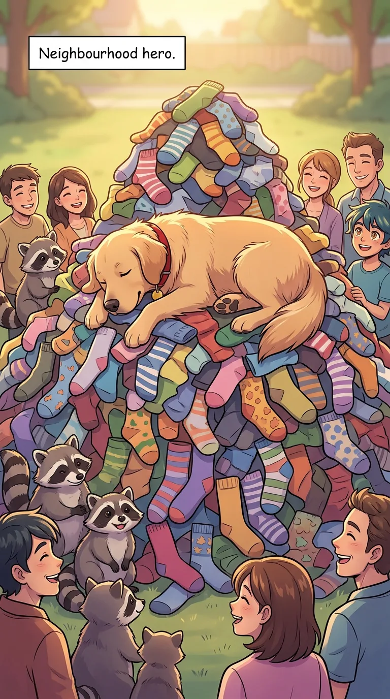 The Sock Bandit — page 4: Biscuit naps on a mountain of socks, the raccoon family and neighbours smiling around.