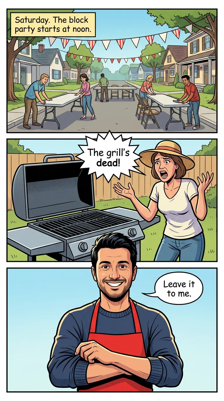 The Saturday Hero — page 1: Morning on a quiet residential street: neighbours set up long tables, chairs and plain striped bunting for a block party.