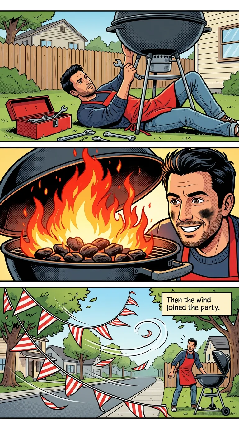 The Saturday Hero — page 2: Can lies half under the grill with an open toolbox beside him.