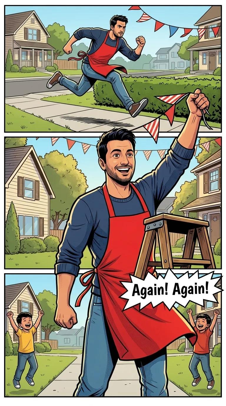 The Saturday Hero — page 3: Can sprints down the sidewalk after the flying bunting and leaps over a low hedge.