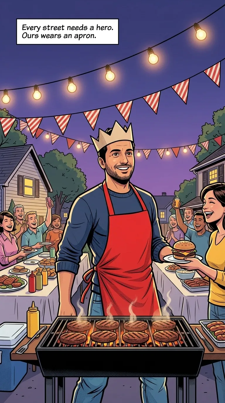 The Saturday Hero — page 4: Evening at the block party: string lights glow over the long tables, and Can stands at the grill serving everyone, a…