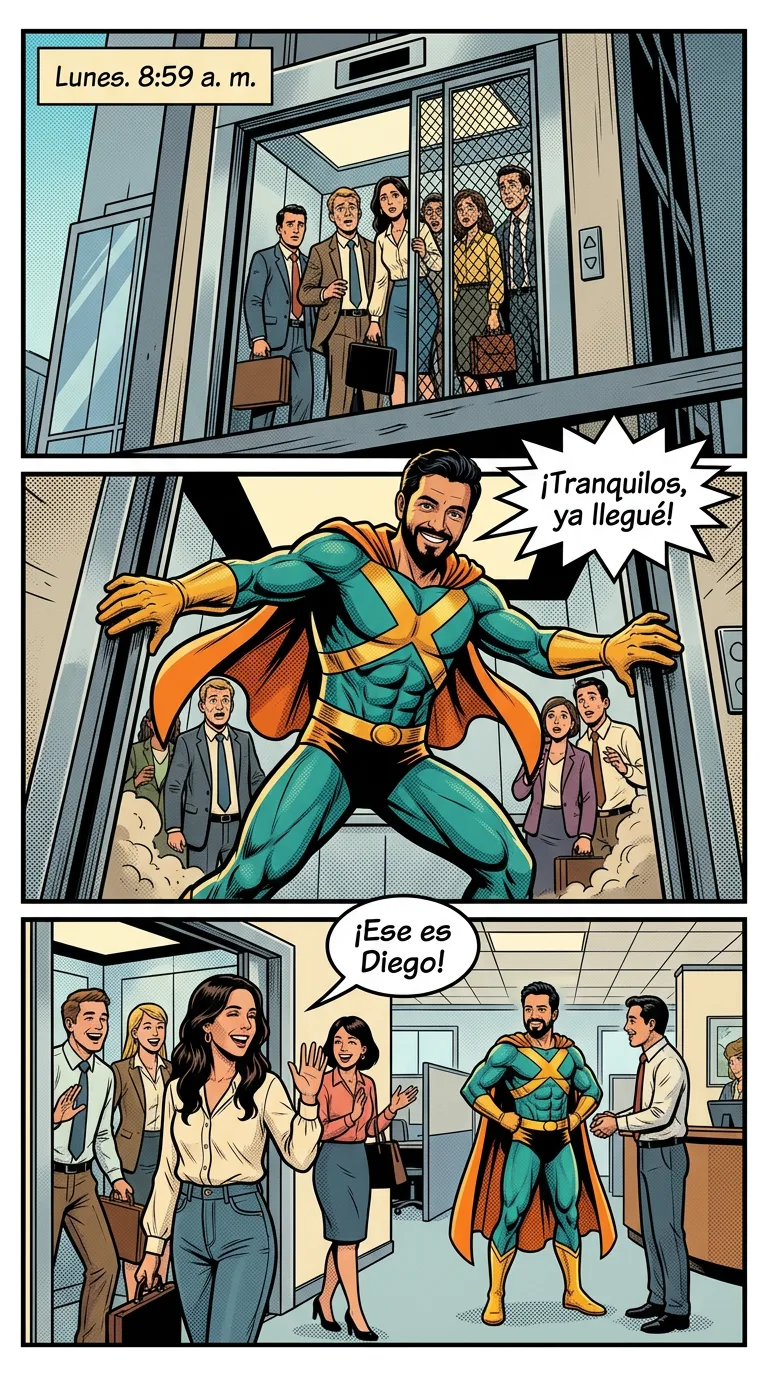 El héroe de todos los días — page 1: Monday morning in an office building: the elevator is stuck between floors, people trapped inside look worried.