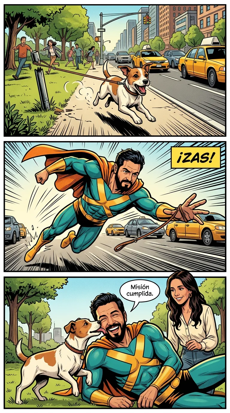 El héroe de todos los días — page 2: In a sunny park a small dog breaks its leash and runs toward a busy street.