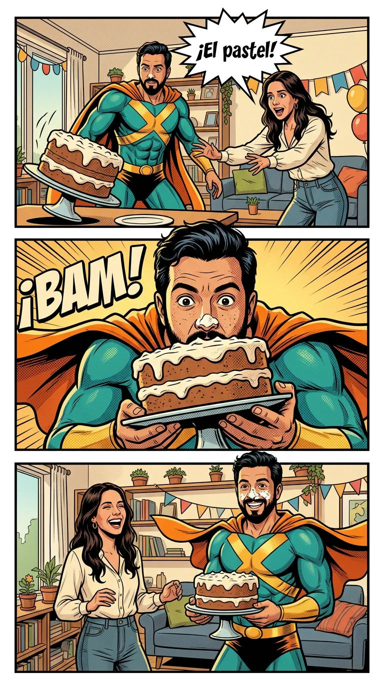 El héroe de todos los días — page 3: At a birthday party at home, a tall tres leches cake starts to tip off the table.
