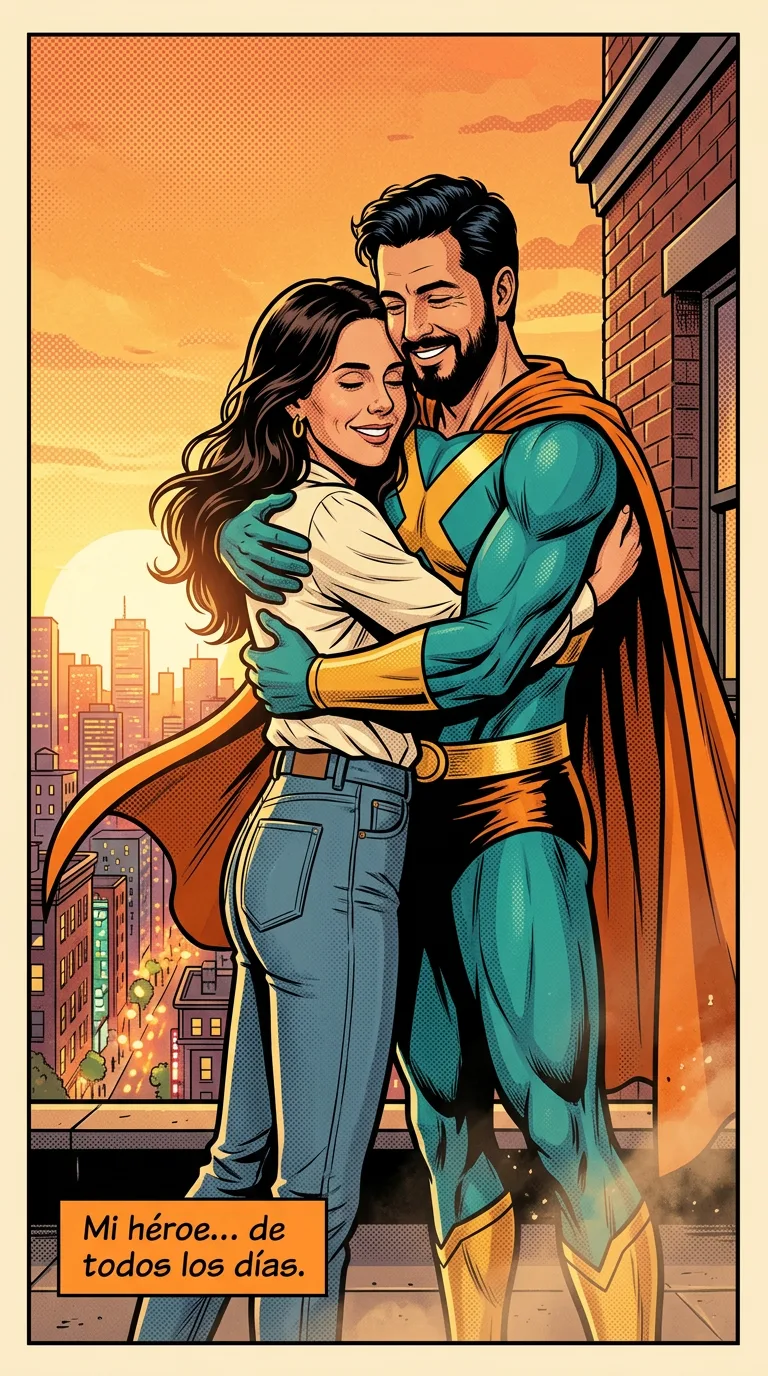 El héroe de todos los días — page 4: Sunset on the rooftop: Valeria hugs Diego in his cape, both smiling, the city glowing behind them.