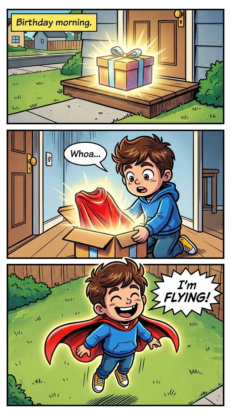 The Birthday Cape — page 1: Birthday morning: a mysterious glowing box sits on Leo's doorstep.