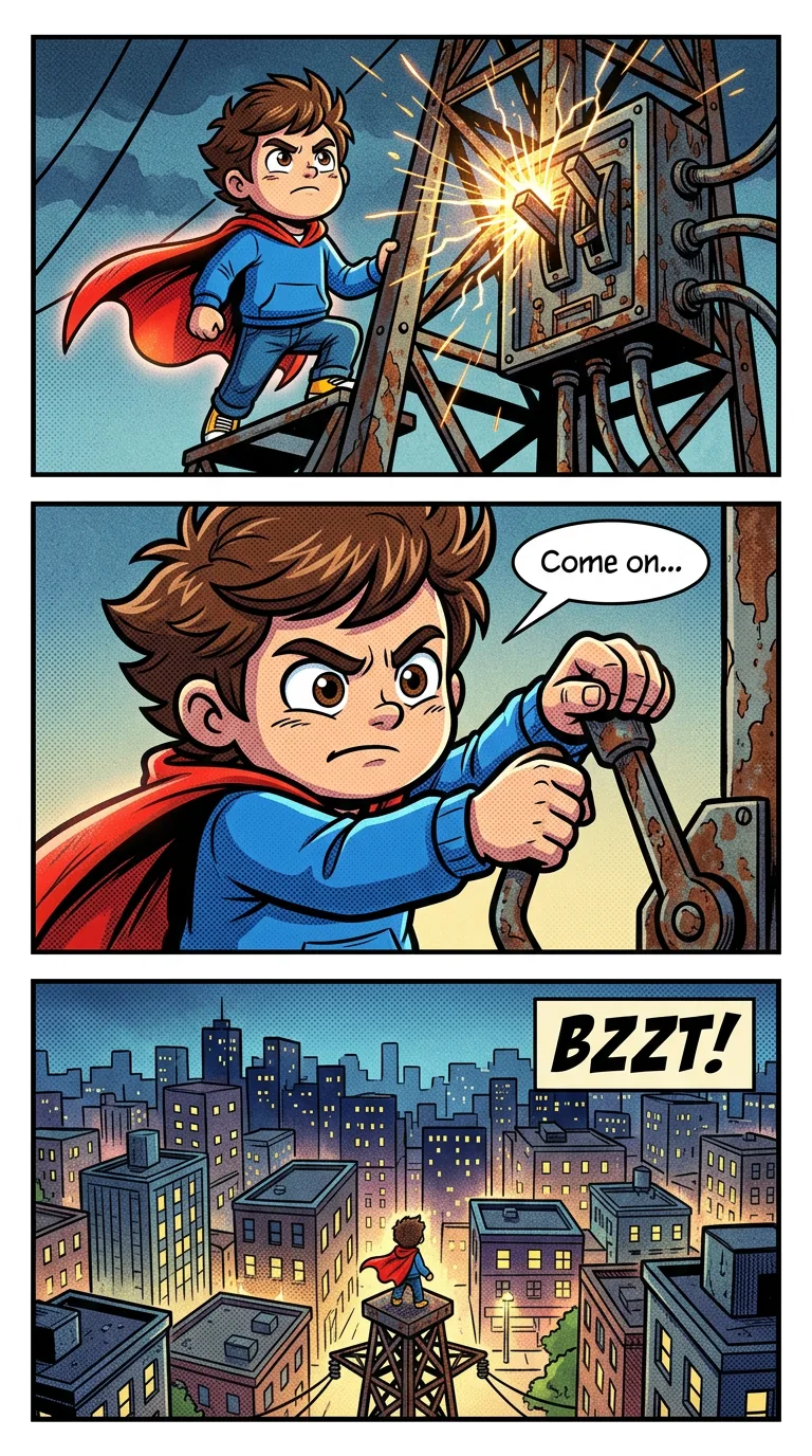 The Birthday Cape — page 3: At the old power tower, sparks fly; Leo looks up, determined.