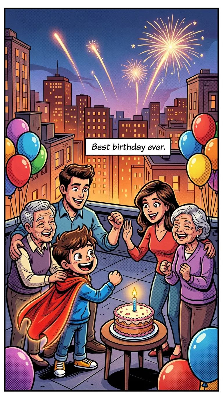 The Birthday Cape — page 4: Leo celebrates with his family on a rooftop at dusk, balloons and a birthday cake with one candle around them; the city…