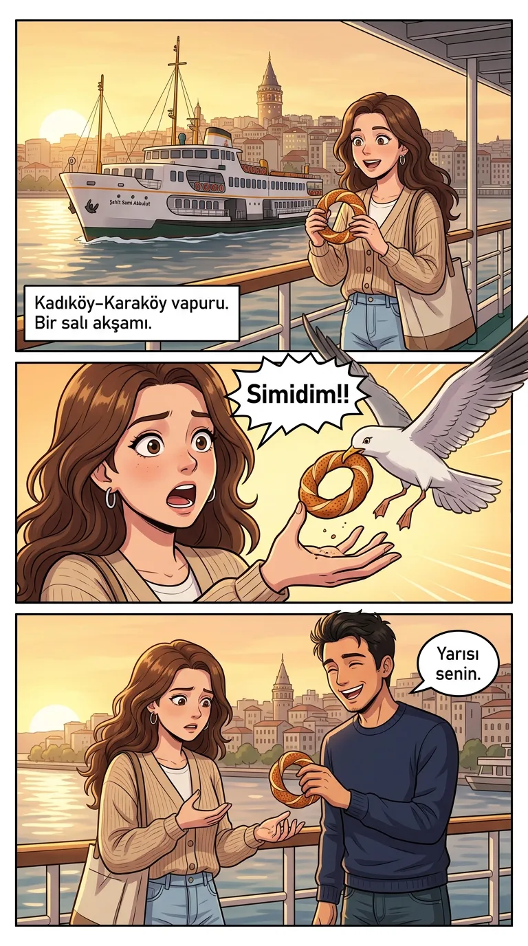 Vapurda Tanıştık — page 1: An Istanbul ferry crossing the Bosphorus at golden hour; Elif stands at the railing holding a simit.