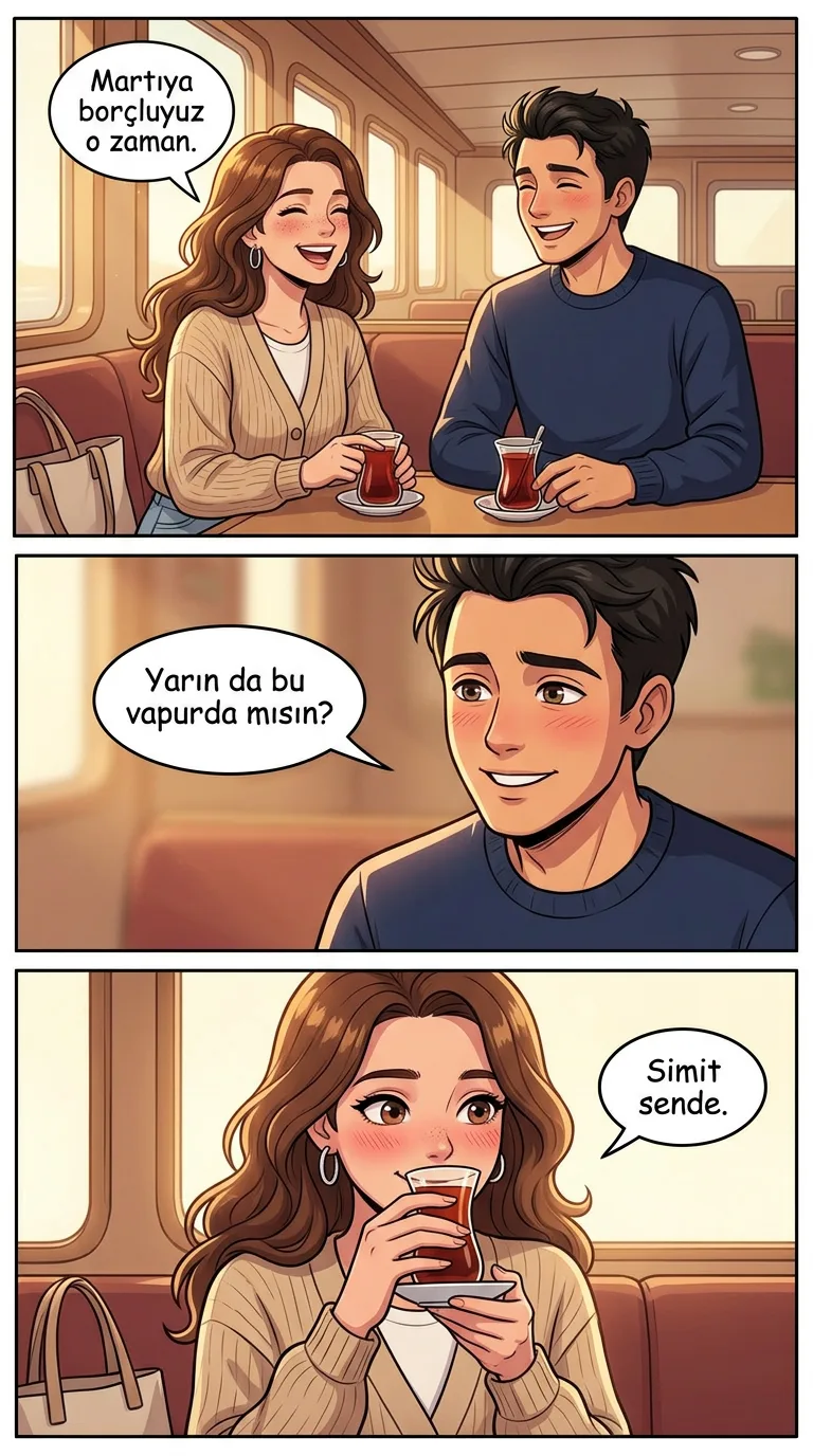 Vapurda Tanıştık — page 2: They sit inside the ferry with two tulip glasses of tea, laughing.