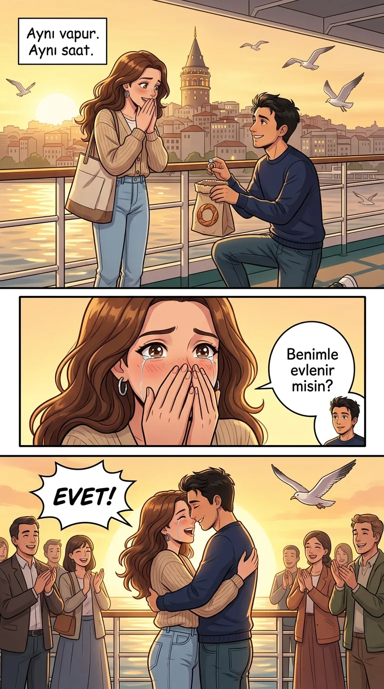 Vapurda Tanıştık — page 3: Months later, the same ferry at sunset: Can kneels on the deck holding a ring inside a simit bag.