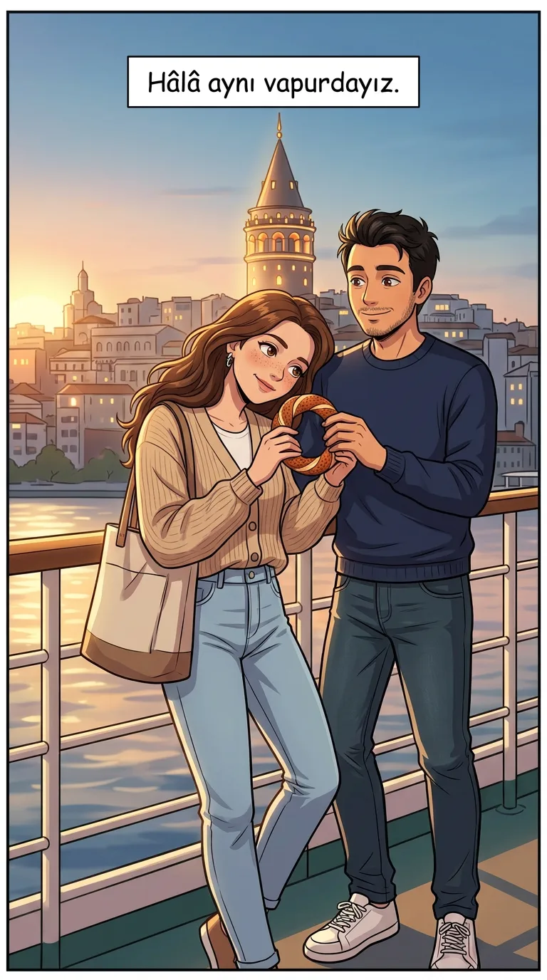 Vapurda Tanıştık — page 4: Years later, Elif and Can at the ferry railing again, her head on his shoulder, sharing one simit, the Galata Tower…